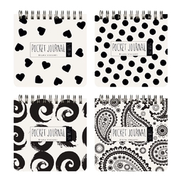 "POCKET JOURNAL" 105 х 105 мм, 60 Л, (4 ВИДA) НА ГРЕБНЕ "BLACK&WHITE" Белый/Чёрный