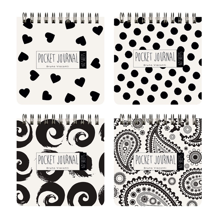 "POCKET JOURNAL" 105 х 105 мм, 60 Л, (4 ВИДA) НА ГРЕБНЕ "BLACK&WHITE" Белый/Чёрный