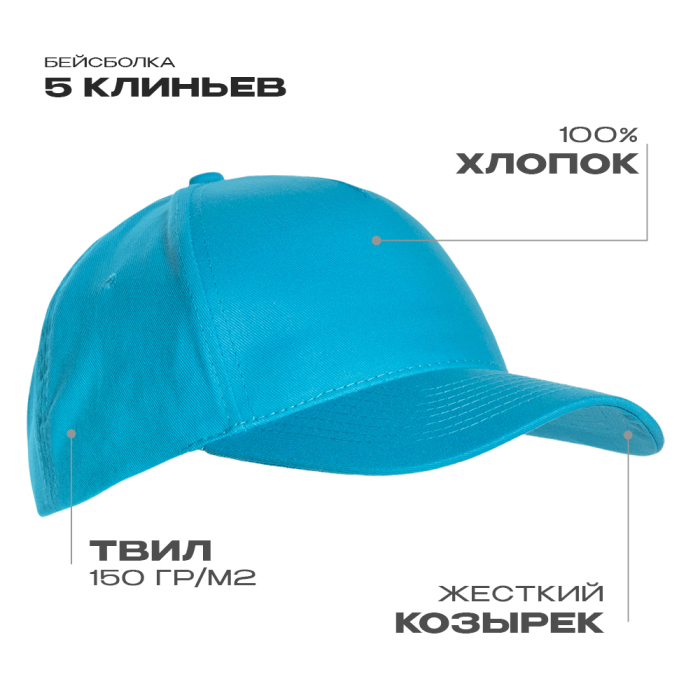 Бейсболка STAN 5 клиньев хлопок 150, 10L, Бирюзовый,  (32)  (56-58/ONE SIZE)