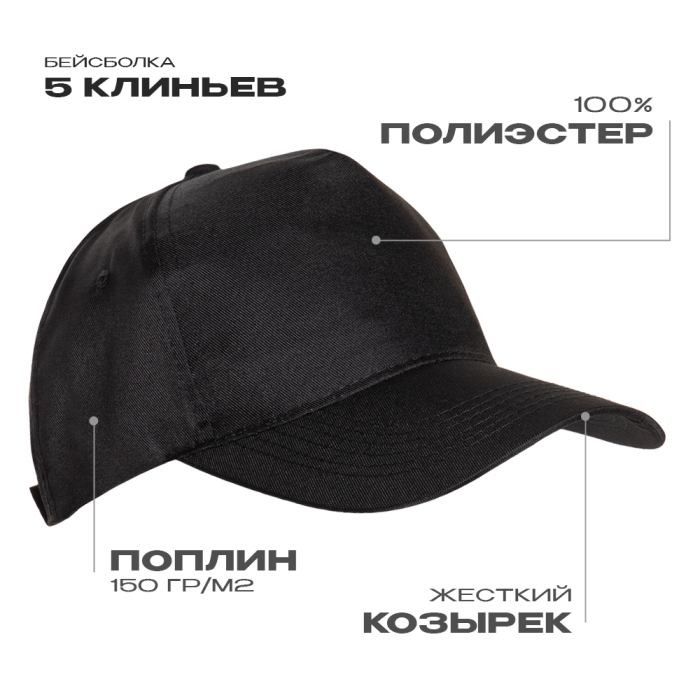Бейсболка STAN 5 клиньев полиэстер 150, 10P, Чёрный,  (20)  (56-58/ONE SIZE)