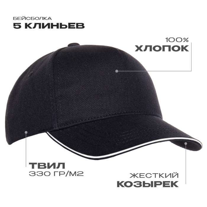 Бейсболка с кантом STAN 5 клиньев хлопок 330, 04, Чёрный,  (20)  (56-58)