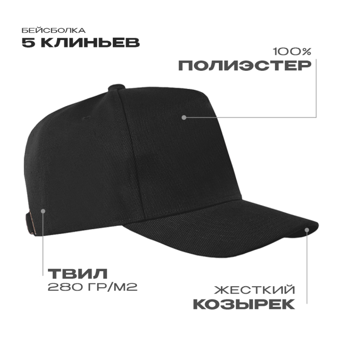 Бейсболка STAN 5 клиньев полиэстер 280, 20, Чёрный,  (20)  (56-58)